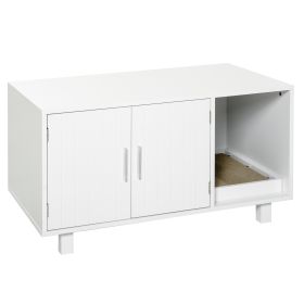PawHut Wooden Cat Litter Box Enclosure & House, Kitty Hidden Washroom, with End Table Design, Scratcher, & Magnetic Doors, White