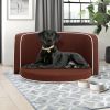 35" Brown Pet Sofa with Wooden Structure and Linen Goods White Roller Lines on the Edges Curved Appearance pet Sofa with Cushion